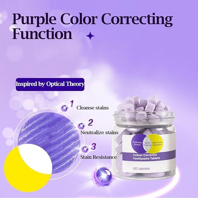 Purple Toothpaste Tabets for Color Corrector, Teeth Whitening, Fresh Breath, Remineralizing Travel Toothpaste Tabs, Enamel-Safe, Fluoride & Plastic Free, 60 Count
