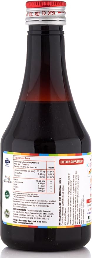 Liquid Iron Syrup for Kids – Triple Action with Folic Acid and Zinc – Boosts Hemoglobin, Appetite, and Immunity – No Metallic Taste – 200ml Liquid Supplement, Safe & Effective