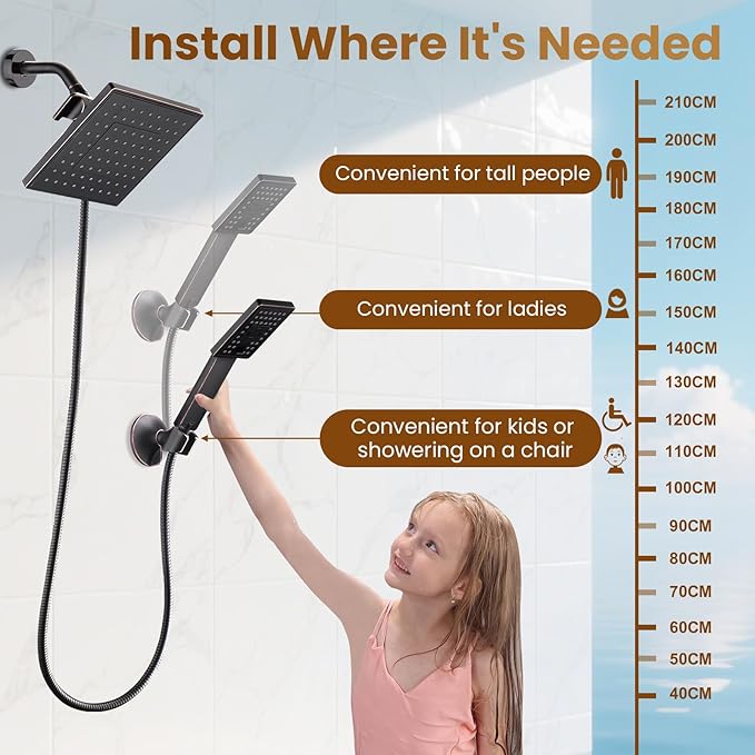 BRIGHT SHOWERS Rain Shower Head with Handheld Spray, 8 Inch Rainfall Shower Head Combo with 60" Hose, Adjustable Dual Square Showerhead Set with 3-Way Diverter, Wall Bracket, Oil-Rubbed Bronze
