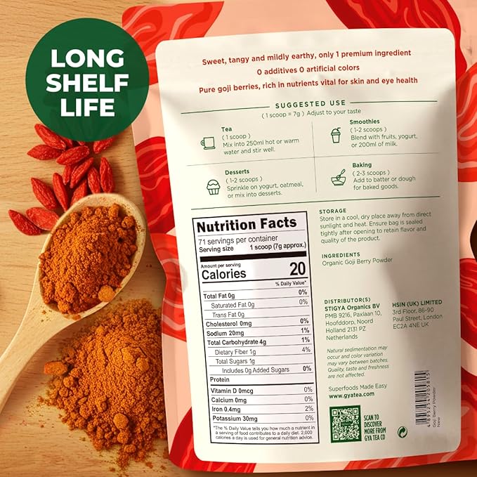 Gya Tea Co Goji Powder 1.1lb (17.64 Oz) - 100% USDA Organic Vegan Berries - Ideal for Healthy Smoothies, Tea, Baking - Antioxidant Rich Superfood for Wellness Support & Energy - Non GMO, Gluten Free
