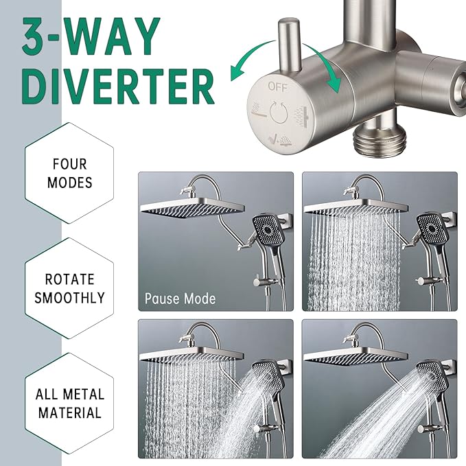 13 Inch Rainfall Shower Head with Multi-Function Handheld Sprayer Combo, 3-Way Metal Extended Diverter with Holder and Metal Adjustable Curved Shower Extension Arm, Extra Long Hose Brushed Nickel