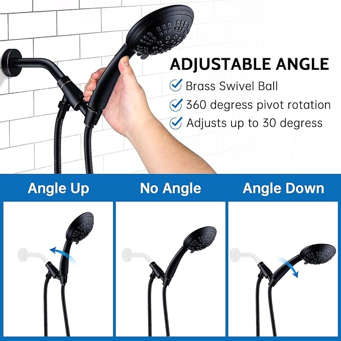 G-Promise High Pressure Shower Head 6 Spray Setting with Adjustable Solid Brass Shower Arm Mount and Extra Long Flexible Stainless Steel Hose (Oil Rubbed Bronze)