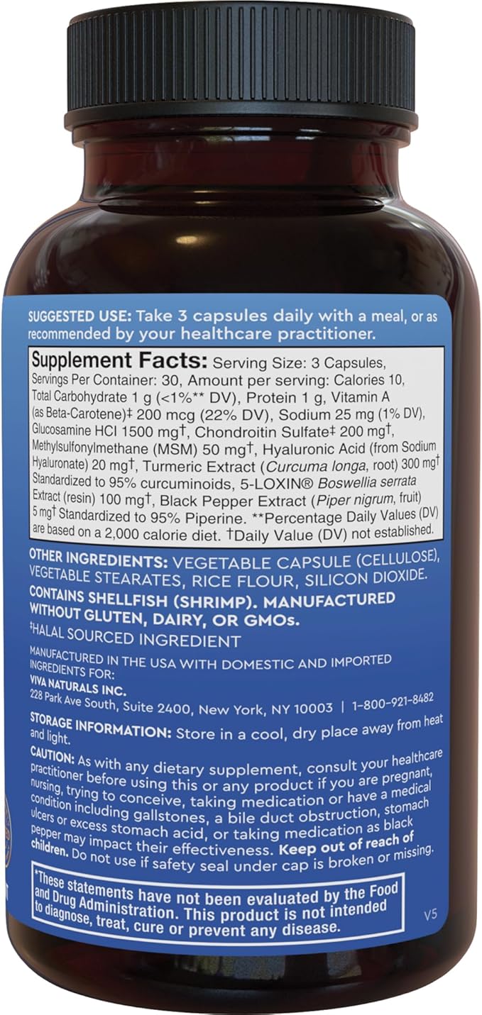 Viva Naturals Glucosamine Chondroitin MSM Joint Support Supplement, 90 Capsules - with Turmeric, Black Pepper, Boswellia and Hyaluronic Acid - Joint Health Supplement for Mobility and Flexibility