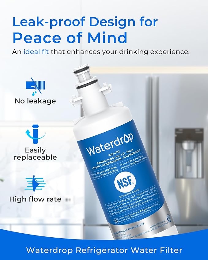 Waterdrop ADQ36006101 Replacement for LG® LT700P® Refrigerator Water Filter, Kenmore® 9690, 469690, ADQ36006102, LFXS30766S, LFXS24623S, FML-3, RFC1200A, RWF1200A, WSL-3, 3 Filters Package May Vary