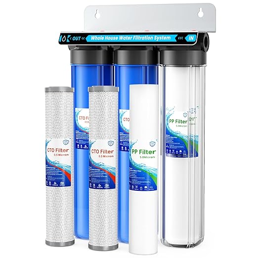 Whole House Water Filter System, 3-Stage Whole House Water Filtration System, 3/4 "Inlet/Outlet,Reduces Up to 99% of Chlorine, Sediment, Taste and Odor, with a Transparent Shell for The First Stage