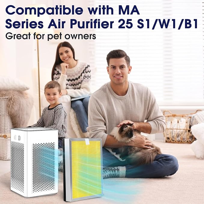 25 Pet Replacement Filter Compatible with MA Series Air Purifier 25 S1/W1/B1,3 in 1 Stage with Pre-filter,High-Efficiency Core Layer,and Activated Carbon,4-Pack
