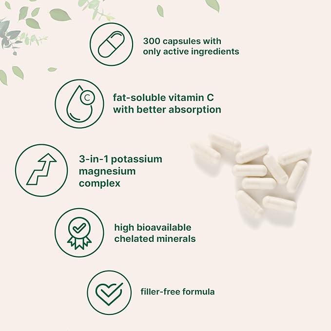 Pure Potassium Supplement with Magnesium Glycinate, 300 Capsules | Enhanced with Fat-Soluble Vitamin C | Chloride + Glycinate Mineral Electrolyte Complex | Only Active Ingredients | Filler Free