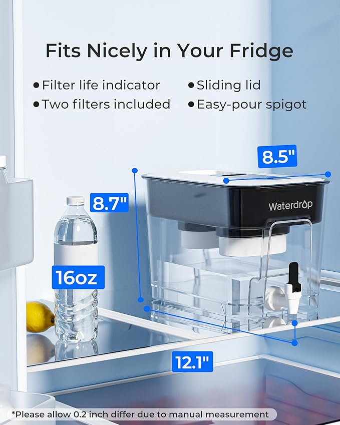 Waterdrop 40 Cup Dual Filter Dispenser, 8X Faster Filtration, 400-Gallon Lifespan, Water Filter Dispenser for Home/Office, 2 Replacements, 10X Longer Lifetime, Reduces Chlorine, PFOA/PFOS, Black