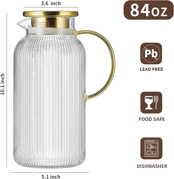 Glass Pitcher with Lid, 84oz/2.5 Liter Classic Vertical Stripes Water Pitcher,Glass Water Carafe for Cold Brew, Coffee, Lemonade, Iced Sun Tea,Beverage, Milk, Heat Resistant