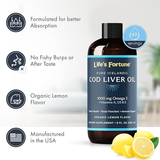 Life's Fortune Cod Liver Oil Liquid Lemon Flavor Organic Supplement with DHA, EPA 1000 mg High Potency Omega-3s + Vitamin A, E & D3 - Supports Immune, Joints, Eyes, 8 Fl Oz (Pack of 3)