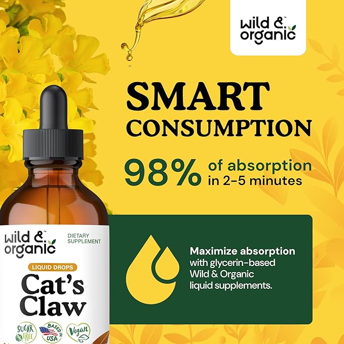 Wild & Organic Cats Claw Tincture - Immune Support Supplement - Cats Claw Herb Liquid Extract - Vegan, Sugar & Alcohol-Free Bark Based Drops - 4 fl oz
