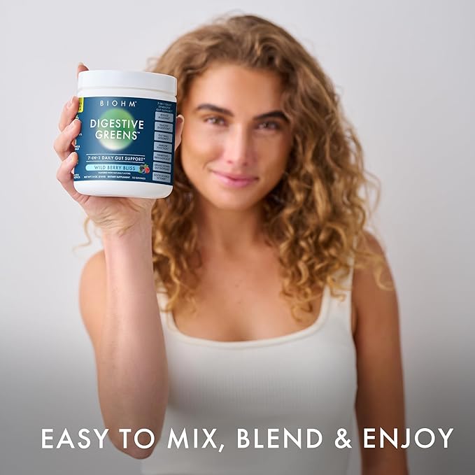 BIOHM Digestive Greens, Green Superfood Powder (7.4 Oz, 30 Servings) Immune & Gut Health Support with Antioxidants, Vitamins, Probiotics & Enzymes, Good Source of Fiber, Berry Flavor