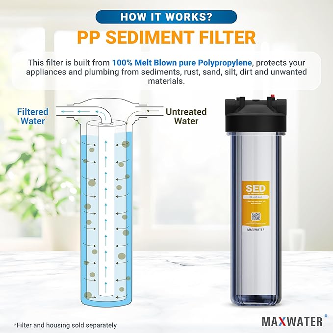 Max Water 5 Micron 20 x 4.5 Sediment Filter 20 inch Whole House BB Water Filteration System Replacement Compatible Cartridge DGD-5005-20, FP25B, AP810-6, FPMB5-20, P5-20, 155358-43, 6 Pack