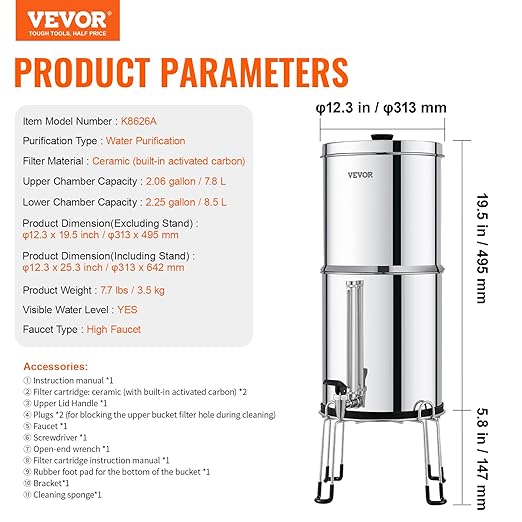 VEVOR Gravity-fed Water Filter System, 2.25G 304 Stainless-Steel Countertop Water Filtration System, Reduces Lead and up to 99% of Chlorine, with 2 Ceramic Carbon Filters, Water Level Spigot, Stand