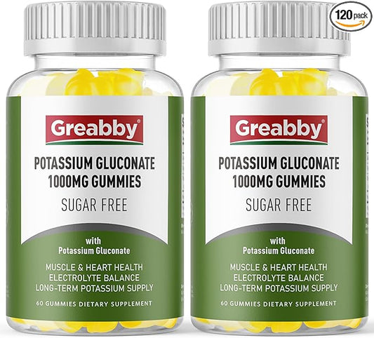 Potassium Gluconate 1000 mg Gummies, Sugar Free for Women & Men Adults, Support Muscle Cramps & Heart Health, Chewable Potassium Supplement, Lemon Flavor, Vegan Source, 120 Gummies