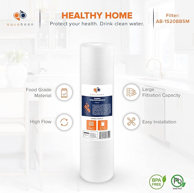 Aquaboon 5 Micron 20 x 4.5 Whole House Sediment Filter Cartridge 20 inch Water Filter Replacement Compatible with DGD-5005-20, FP25B, AP810-2, 8-Pack