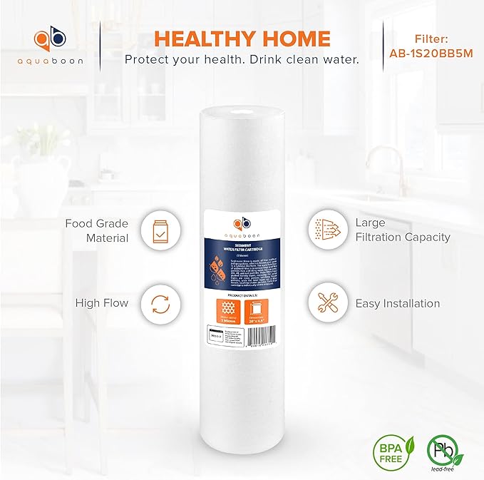 Aquaboon 5 Micron 20 x 4.5 Whole House Sediment Filter Cartridge 20 inch Water Filter Replacement Compatible with DGD-5005-20, FP25B, AP810-2, 2-Pack