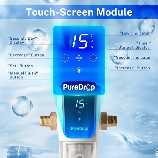 PDR-ARB100WSP Spin Down Sediment Water Filter, Auto Flushing Module with Touch-Screen, Reusable Whole House Sediment Filter for Well Water w/Scraper, 100-Micron Prefilter Filtration System