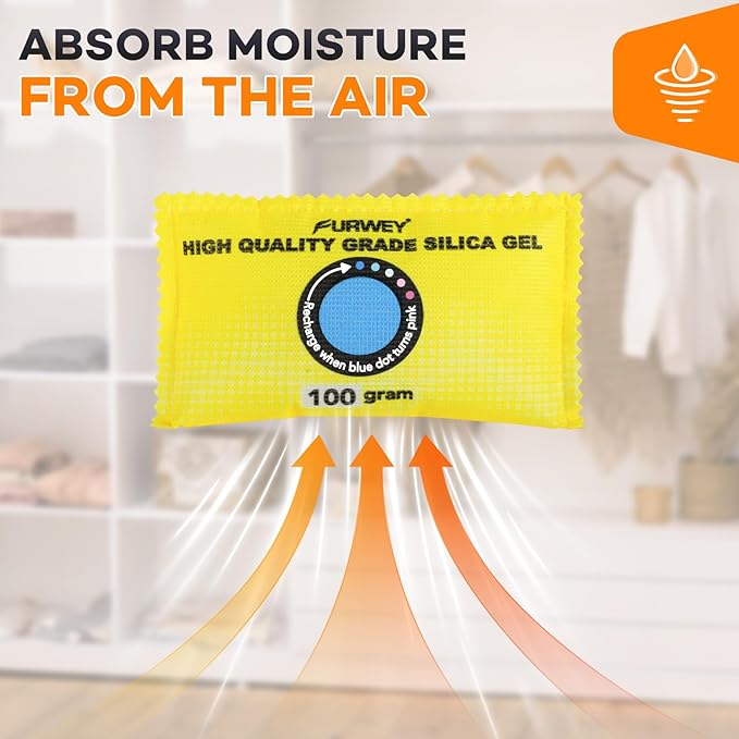 100g (6 Packs) Rechargeable Desiccant Packs for Storage, Color Indicating Silica Gel Desiccant Packets, Moisture absorbers for storage,Dehumidifier bag for Closets,Cars,Storage Bins