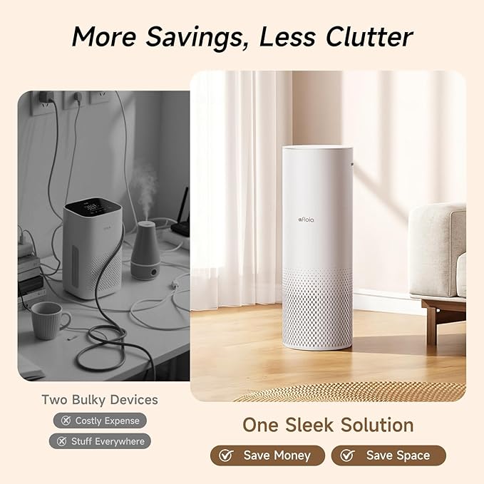 Afloia Humidifier and Air Purifier in One, Air Purifier and Evaporative Humidifier Combo for Home, 24dB Quiet Air Cleaner Remove Pets Dust Dander Hair Allergy Pollen Smoke Smell for Room, Pale Pink