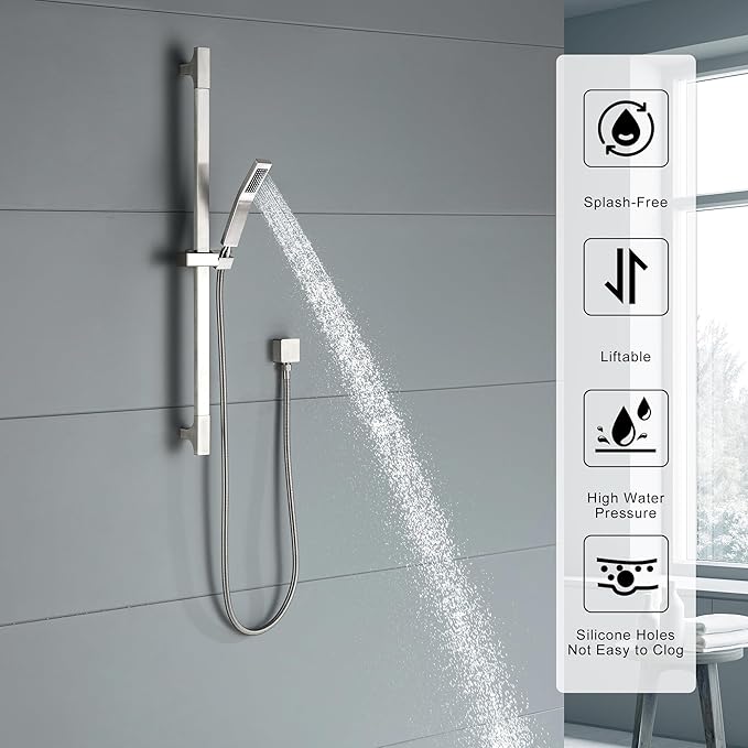 BElYl Shower Head with Slide Bar Brushed Nickel High Pressure Hand shower with Square 29" Long Slide Bar Adjustable Height Shower Head with Handheld Spray