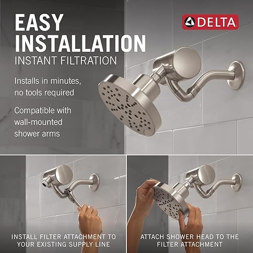 Delta Faucet 5-Setting H2Okinetic Shower Head Brushed Nickel with Clarifi Premium Shower Filter Attachment with Filter