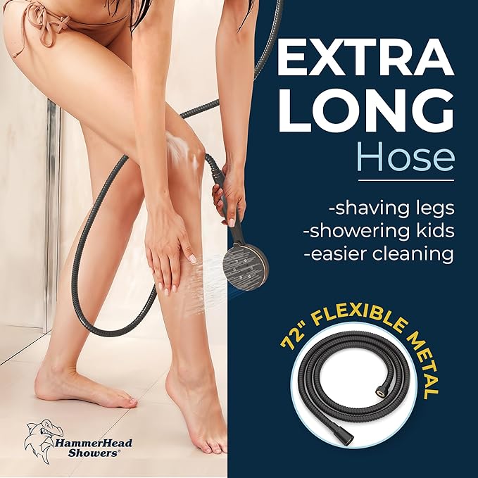 HammerHead Showers® Solid Metal 3-Spray Handheld Shower Head with Long Hose and Holder - OIL RUBBED BRONZE - 2.5 GPM High Pressure Shower Head with Handheld Sprayer - WIDE, MASSAGE, and MIST Sprays
