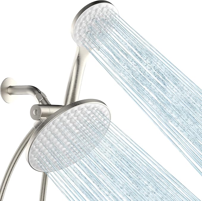 8.6 inch High Pressure 3-Way Shower Heads Combo, Pulsating Rainfall Shower Head, 6-Settings Dual Shower Head with Handheld Hose 6ft Brushed Nickel