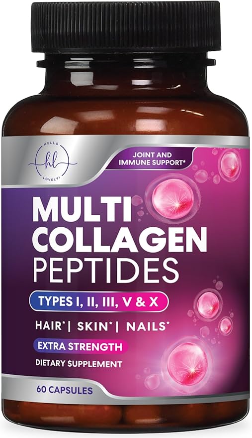 Multi Collagen Peptides Supplement - Hydrolyzed Types I, II, III, V & X Multi Collagen Pills, Hydrolyzed Collagen Peptides Supplements, Hair, Skin, Nail, and Joint Support Supplement, 60 Capsules