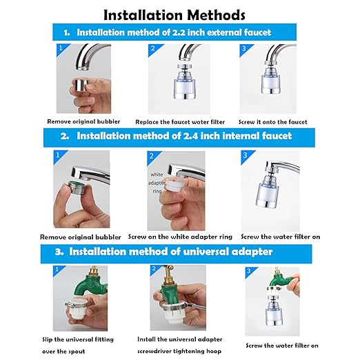 2 Pack Sink Water Filter Faucet, Universal 360 ° Rotating Bathroom Sink Filter, Kitchen Faucet Water Filter Removes Chlorine Fluoride Heavy Metals Hard Water for Home Bathroom Kitchen (White)