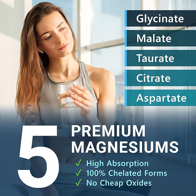 5-in-1 Magnesium Complex - High Absorption - Chelated Magnesium Glycinate, Malate, Citrate, Taurate, & Aspartate for Nerves, Muscles, Bones | 120 Capsules | Magnesium Supplement