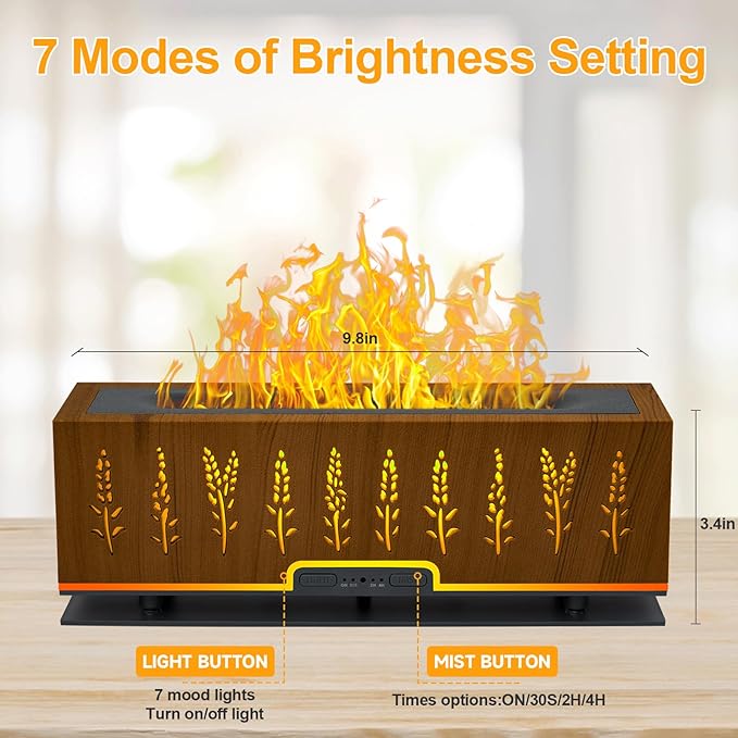 Colorful Essential Oil Diffuser, 7 Colors Flame Diffuser Changing Aromatherapy Diffuser, 200ml Cool Mist Ultrasonic Diffuser for Office, Home,Bedroom (Timeable, Waterless Auto Off- Brown)