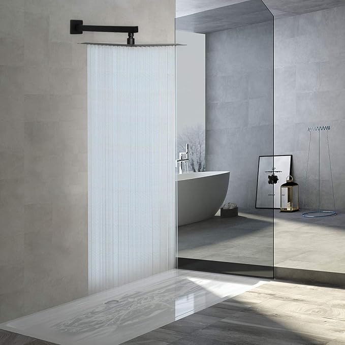 HarJue Shower Head with Extension Arm, High Pressure Square with ShowerArm, Stainless Steel Rainfall -Waterfall Full Body Coverage (12'' Shower with 16'' Arm, Matte Black)