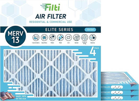 FILTI 12x12x1 Air Filter MERV 13 | Pleated Home Air Filter | HVAC AC Furnace Filter MADE IN USA (4 Pack)