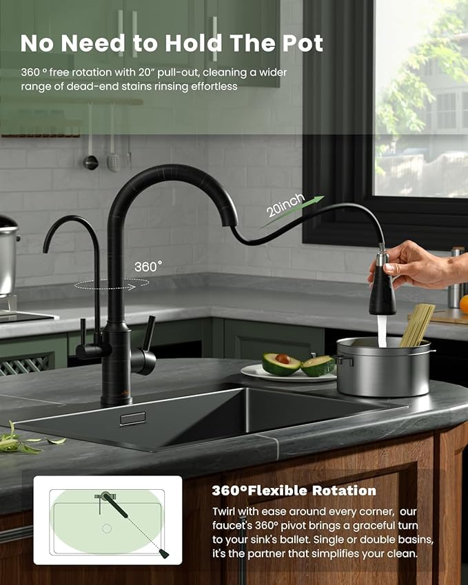 APPASO Kitchen Faucet with Water Filter, Without Water Filtration Device, Oil Rubbed Bronze 3-in-1 Kitchen Sink Faucet, High Arch 2-Handle 3-Way Kitchen Faucet with Pull-Down Sprayer