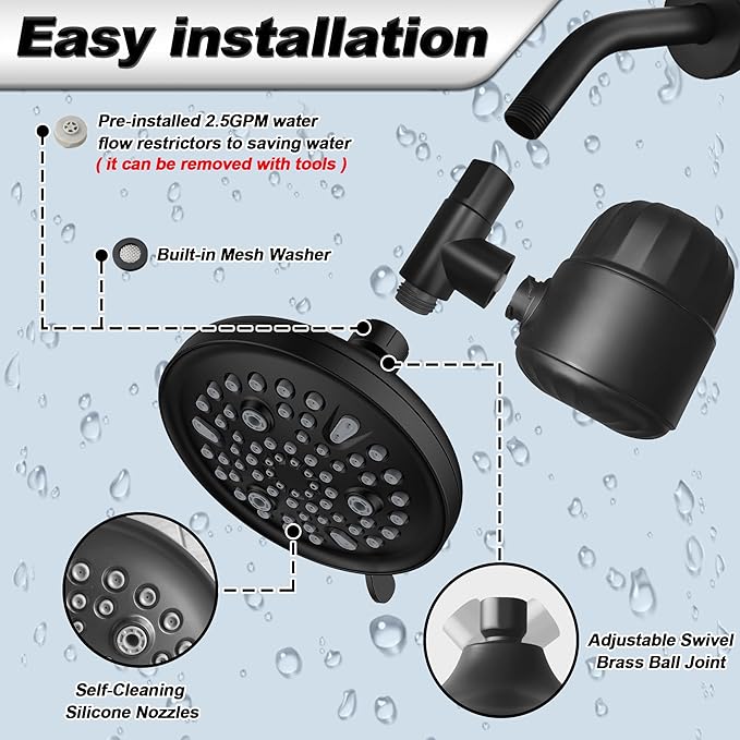 6 Inch Shower Head with Filter - 9 Spray Modes Fixed Water Saving Shower Heads with 2.5 GPM Restrictor, Hard Water Filtering Shower Head to Remove Toxic Chemicals, Matte Black