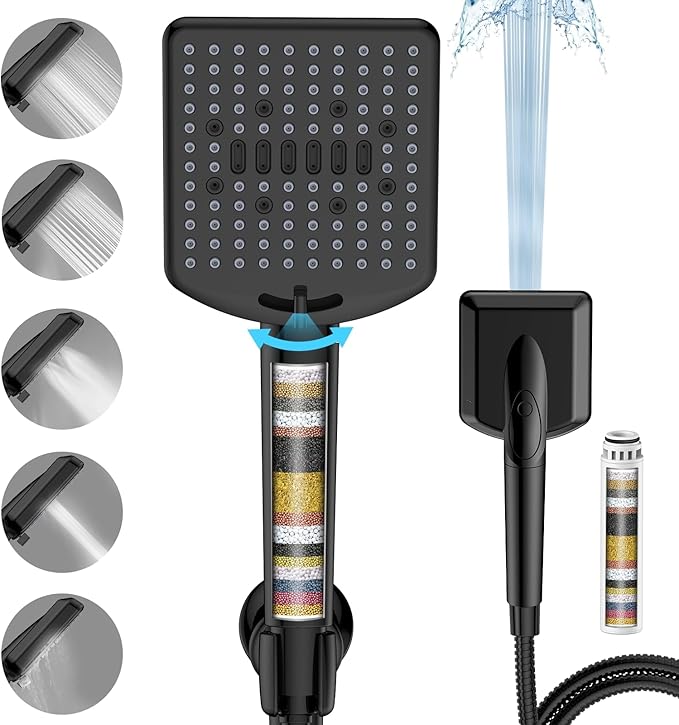 Filtered Shower Head with Handheld Matte Black - High Pressure 6 Modes, 120 Anti-clog Nozzles, Detachable Showerhead with Hard Water Filters, Extra Long 6ft Hose, Power Wash Mode for Bathroom