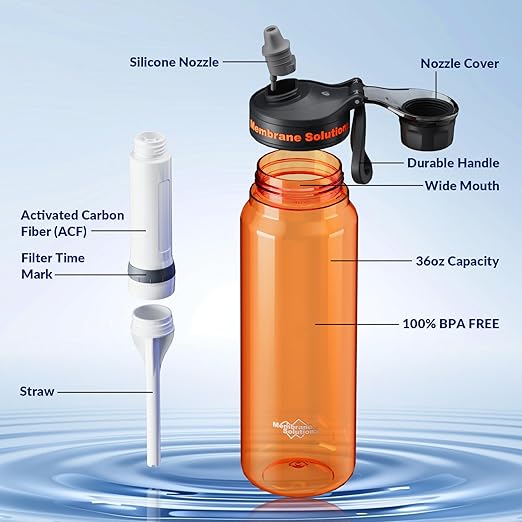 Membrane Solutions C3 Filtered Water Bottle, 36oz BPA-Free Bottle with Replaceable ACFX2 Filter Cartridge, Portable Water Filter, Travel, Hiking & Camping for Drinking Water Anywhere(Orange)