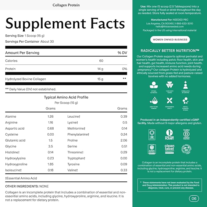 Needed. Prenatal Hydrolyzed Collagen Protein Powder – Expert-Backed & Clean Sourced | Supports Skin, Hair, Joints, and Tissue Recovery in Pregnancy | Grass-fed, Pasture-Raised, Hormone-Free | 1lb