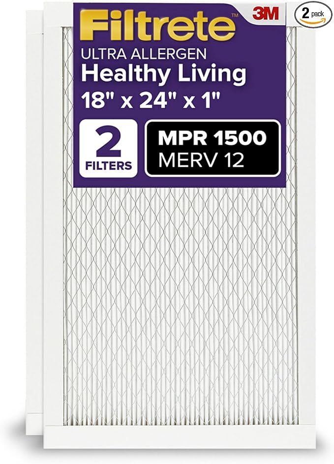 Filtrete 18x24x1 AC Furnace Air Filter, MERV 12, MPR 1500, CERTIFIED asthma & allergy friendly, 3 Month Pleated 1-Inch Electrostatic Air Cleaning Filter, 2-Pack (Actual Size 17.81x23.81x0.78 in)