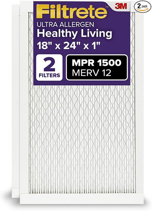 Filtrete 18x24x1 AC Furnace Air Filter, MERV 12, MPR 1500, CERTIFIED asthma & allergy friendly, 3 Month Pleated 1-Inch Electrostatic Air Cleaning Filter, 2-Pack (Actual Size 17.81x23.81x0.78 in)