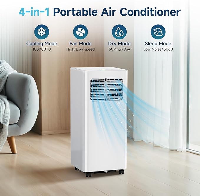 10,000 BTU Portable Air Conditioners,4 Modes Portable Ac Units Cools Up to 450 Sq.Ft,Dehumidifier,Fan,With Remote Control,LED Display, Window Mounting Kit,Suitable for Bedroom,Living Room,Office