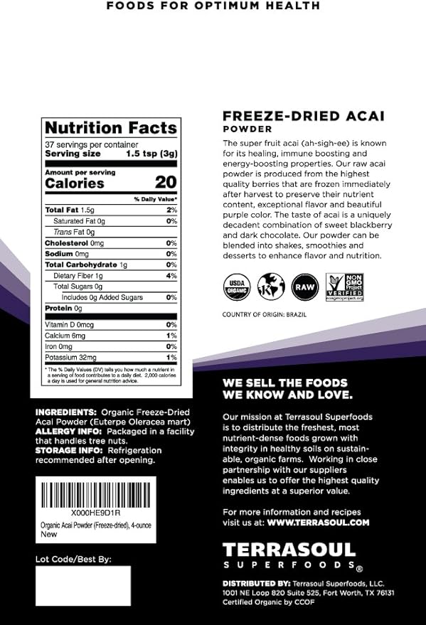 Terrasoul Superfoods Organic Acai Berry Powder, 4 Oz (Pack of 2), Freeze-Dried for Freshness, Omega Fats Boost for Smoothie Bowls, and Antioxidant-Packed Superfoods Recipes
