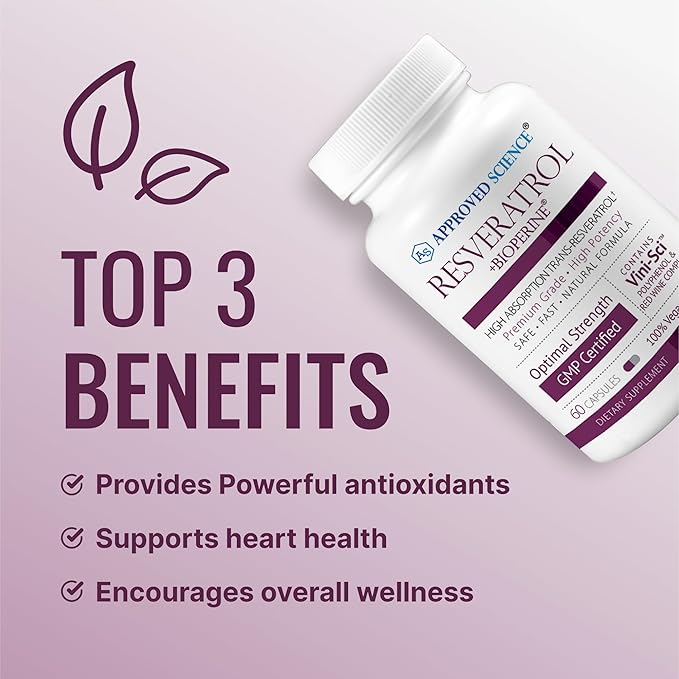 Approved Science® Resveratrol - 1000 mg of Trans Resveratrol - 250 mg of Polyphenol - 98% Purity Level - Includes Bioperine® - 60 Vegan Friendly Capsules - 1 Bottle