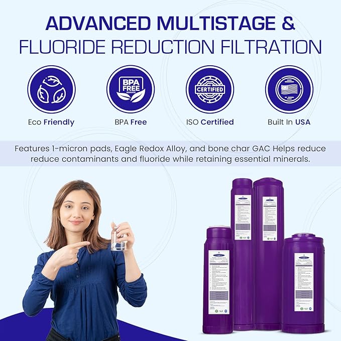 Crystal Quest SMART + Calcium GAC Fluoride Reduction Water Filter Cartridge - 1 Micron - Coconut Shell GAC - Eagle Redox Alloy - Reduces Fluoride & Contaminants - 4-5/8” x 9-3/4”
