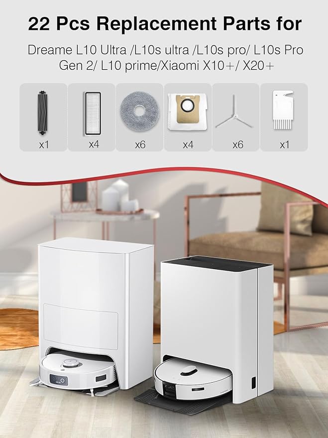 22 Pcs Accessories Kit for Dreame L10 Ultra/L10s Ultra/L10s Pro/L10s Pro Gen 2/L10 Prime/Xiaomi X10+/X20+ Vacuum Robot, 1 Main Brush, 4 Filters, 6 SideBrushes, 4Dust Bags, 6Mop Pads, 1Cleaning Brush