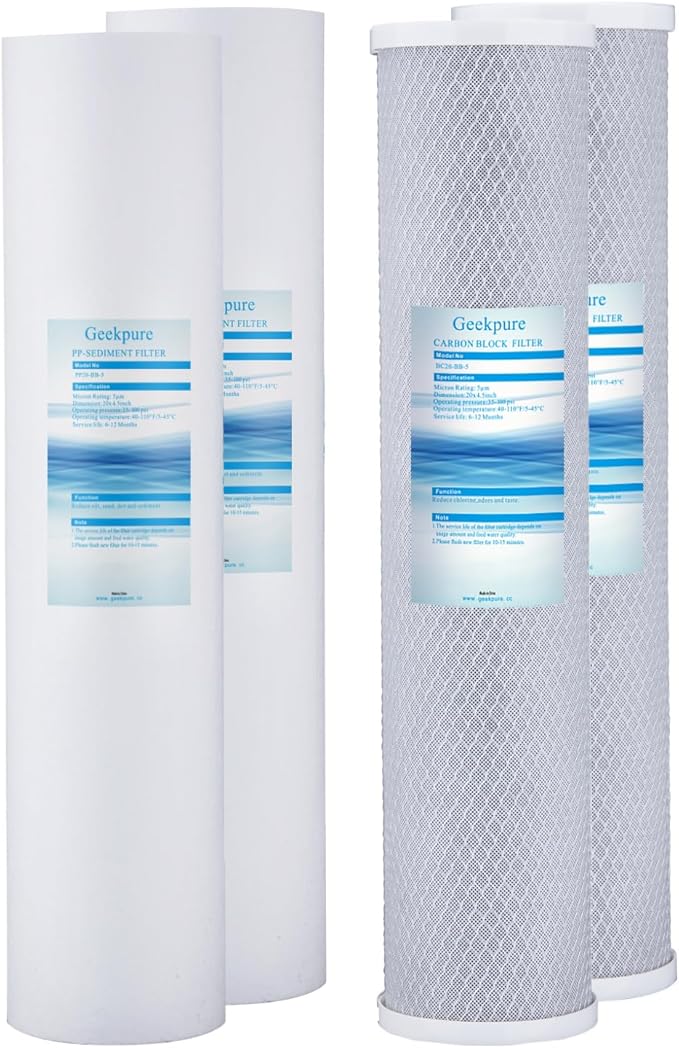 Geekpure Whole House PP Sediment and Carbon Block Replacement Filters -4.5 Inch x 20 Inch -5 Micron