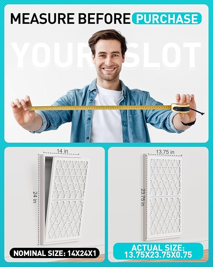 14x24x1 Refillable Air Filter Kit, MERV 8, 1 Reusable Foldable Frame ＆ 6 Refills, Fits Most AC HVAC Furnace Devices, Actual Size 13.75x23.75x0.75in