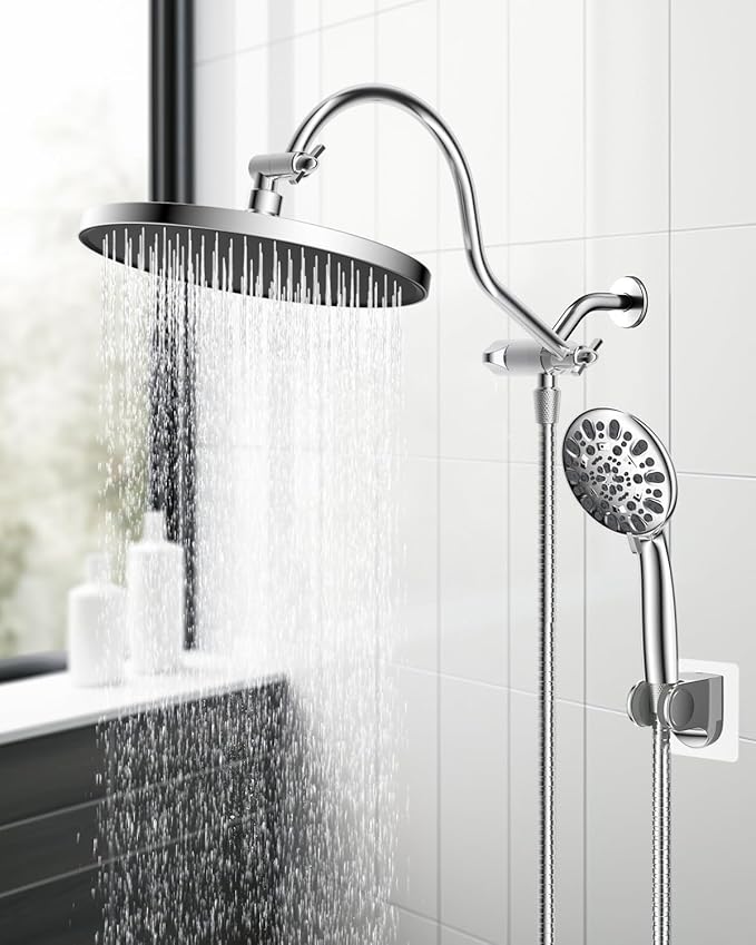 Hibbent 10'' Self-cleaning Rainfall Shower Head, High Pressure Handheld Shower Head, Showerhead Combo with 12'' Adjustable Curved Shower Extension Arm, 7-Spray, 71'' Hose, Showerhead Holder, Chrome