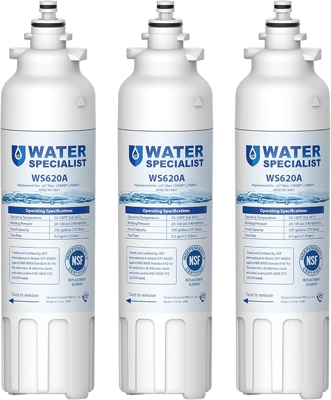 Waterspecialist ADQ73613401 Refrigerator Water Filter, Replacement for LG® LT800P®-6 Month / 200 Gallon, ADQ73613408, ADQ73613402, ADQ75795104, Kenmore 9490, LSXS26326S, LMXC23746S, 46-9490, 3 Pack